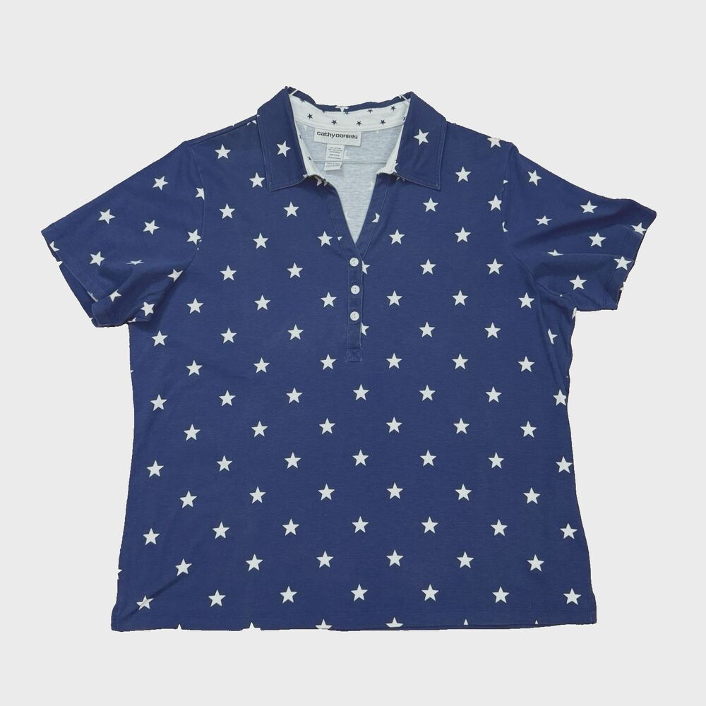 Cathy Daniels Womens XL Top Blue White Stars Patriotic Polo Shirt Cotton Blend